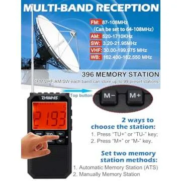 ZHIWHIS Portable Radio, AM FM Stereo SW NOAA Weather VHF Receiver with Alerts, Rechargeable DSP Pocket Radios with 9.85Ft Wire Antenna, 900mAh/396Presets/Alarm Clock/Sleep Timer for Walking ZWS-878