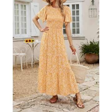 ZESICA Women's 2025 Summer Casual Floral Print Flutter Sleeve Maxi Dress in Yellow