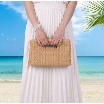 Straw Purse Top Handle Clutch Bag, Woven Beach Shoulder Crossbody Bag Raffia Handbag Raffia Summer Vacation Tote for Vacation, Parties, Wedding, Khaki