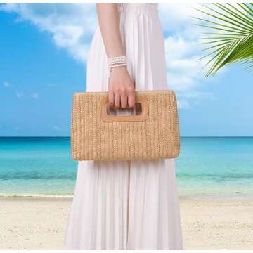 Straw Purse Top Handle Clutch Bag, Woven Beach Shoulder Crossbody Bag Raffia Handbag Raffia Summer Vacation Tote for Vacation, Parties, Wedding, Khaki