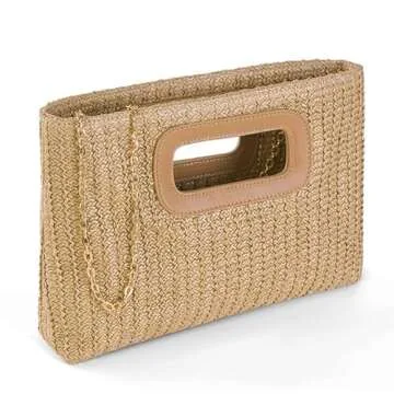 Straw Purse Top Handle Clutch Bag, Woven Beach Shoulder Crossbody Bag Raffia Handbag Raffia Summer Vacation Tote for Vacation, Parties, Wedding, Khaki