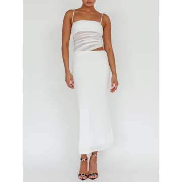 Fisoew Womens 2 Piece Skirt Dress Set Summer Sheer Mesh Ruched Camisole Tops Maxi Skirts Sexy Bodycon Sets