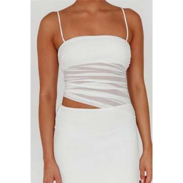 Fisoew Womens 2 Piece Skirt Dress Set Summer Sheer Mesh Ruched Camisole Tops Maxi Skirts Sexy Bodycon Sets