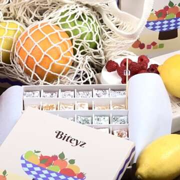 Biteyz Original Turkish Delight, Vegan Candy Gift Box - Assorted Gourmet Fruit Snacks with Lemon, Apple, Orange, Pomegranate, and Raspberry Flavors, 36 Pieces of Luxury Handmade Vegan Treats