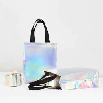 cabzymx 9 Pcs Glossy Small Iridescent Gift Bags in Bulk, 8x3.9x9.8 In Non-woven Reusable Party Bags ...