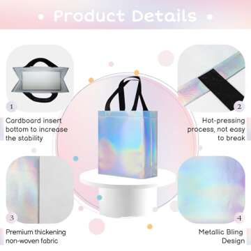 cabzymx 9 Pcs Glossy Small Iridescent Gift Bags in Bulk, 8x3.9x9.8 In Non-woven Reusable Party Bags with Sturdy Bases for Birthday, Weddings, Easter, Holiday, Party