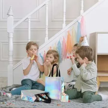 cabzymx 9 Pcs Glossy Small Iridescent Gift Bags in Bulk, 8x3.9x9.8 In Non-woven Reusable Party Bags with Sturdy Bases for Birthday, Weddings, Easter, Holiday, Party