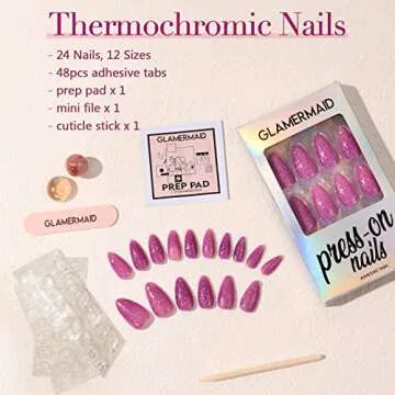 GLAMERMAID Hamdmade Thermo Press on Nails Gel Medium Almond, Glitter Purple Pink Ombre Fake Nails Short Stiletto, Shrimmer Galaxy Stick Glue on Nails Oval, Reusable Acrylic Glossy False Nail for Women