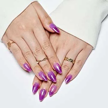 GLAMERMAID Hamdmade Thermo Press on Nails Gel Medium Almond, Glitter Purple Pink Ombre Fake Nails Short Stiletto, Shrimmer Galaxy Stick Glue on Nails Oval, Reusable Acrylic Glossy False Nail for Women