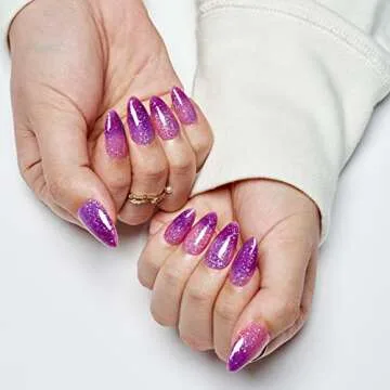 GLAMERMAID Hamdmade Thermo Press on Nails Gel Medium Almond, Glitter Purple Pink Ombre Fake Nails Short Stiletto, Shrimmer Galaxy Stick Glue on Nails Oval, Reusable Acrylic Glossy False Nail for Women