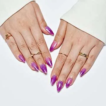 GLAMERMAID Hamdmade Thermo Press on Nails Gel Medium Almond, Glitter Purple Pink Ombre Fake Nails Short Stiletto, Shrimmer Galaxy Stick Glue on Nails Oval, Reusable Acrylic Glossy False Nail for Women