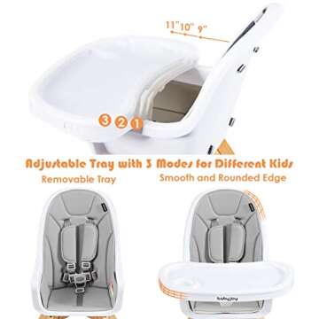 BABY JOY 3 in 1 High Chair, Baby Eat & Grow Convertible Wooden High Chair/Rocking Chair/Booster Seat/Toddler Chair, Infant Dining Chairs w/Double Removable Tray, 5-Point Seat Belt & PU Cushion, Gray