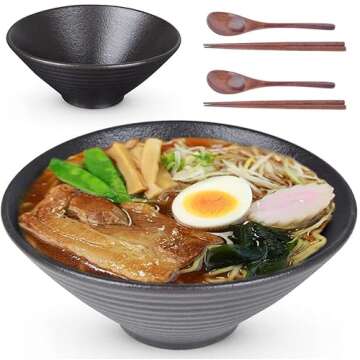 Lareina Ceramic Japanese Ramen Bowls, 2 Sets (6 Piece) 60 Ounce, Large Noodle Soup Bowl with Matchin...