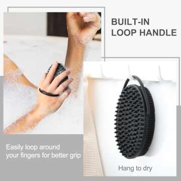 FREATECH Silicone Body Scrubber with Loop Handle, Gentle Exfoliating Body Cleansing Brush for Use in the Shower or Bath, More Hygienic Than Loofah, Easy to Clean, Long-lasting, Black