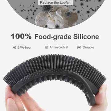 FREATECH Silicone Body Scrubber with Loop Handle, Gentle Exfoliating Body Cleansing Brush for Use in the Shower or Bath, More Hygienic Than Loofah, Easy to Clean, Long-lasting, Black