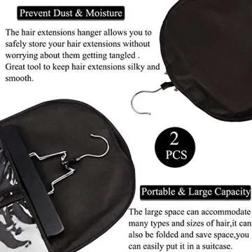 2 PCS Hair Extensions Storage Bag, Folding Storage Bags for Wig with Wooden Hanger,Dust Proof Portable Wig Storage Bag Hair Extension Carrier Holder With Strong Durable Zipper (Black)