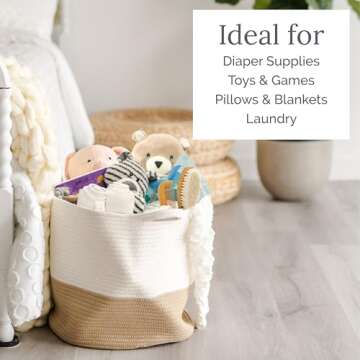 Natemia Large Storage Basket (15" x 15" x 14") - Woven Baskets for Storage, Baby Storage Basket and Toy Organizer, Blanket Basket, Perfect Baby Registry Gift, Rope Baskets for Storage, Basket Storage