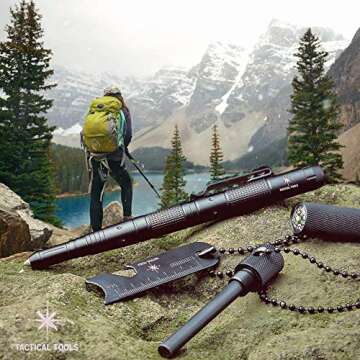 Tactical Pen for Self Defense, LED Flashlight, Glass Breaker, DNA Catcher, Survival Firestarter with Compass and Bottle Opener, Military Gear - 2 writing Ink refill and 6 Batteries in Gift Box