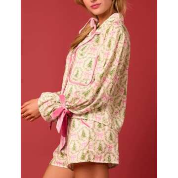 NUFIWI Christmas Cute Bow Pajama Sets for Women Tie Knot Buttons Shirt and Shorts Silk Print 2 Piece Pjs Loungewear Suits (Dark Green, S)