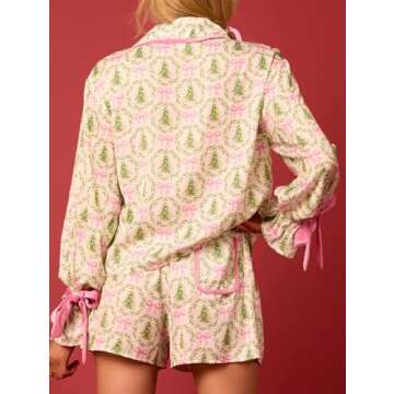 NUFIWI Christmas Cute Bow Pajama Sets for Women Tie Knot Buttons Shirt and Shorts Silk Print 2 Piece Pjs Loungewear Suits (Dark Green, S)