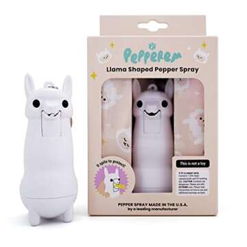 Pepperem Cute Llama Shaped Pepper Spray Keychain Maximum Police Strength 10-feet Range UV Dye Marking with Child Safety Lock Self Defense Device