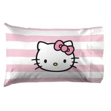 Jay Franco Hello Kitty Pink Stripes & Hearts Twin Size Sheet Set - Super Soft 3 Piece Bedding Set - Microfiber Sheets Include Reversible Pillow Cover