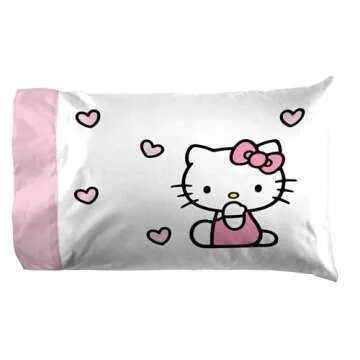 Jay Franco Hello Kitty Pink Stripes & Hearts Twin Size Sheet Set - Super Soft 3 Piece Bedding Set - Microfiber Sheets Include Reversible Pillow Cover