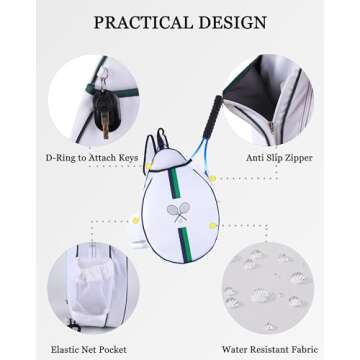 Rejolly Tennis Racket Bag for Women Men One Shoulder Crossbody Sling Bag Water Resistant Racquet Cover for 2 Tennis Rackets, Pickleball Paddles, Badminton Racquet White Blue Green Stripe