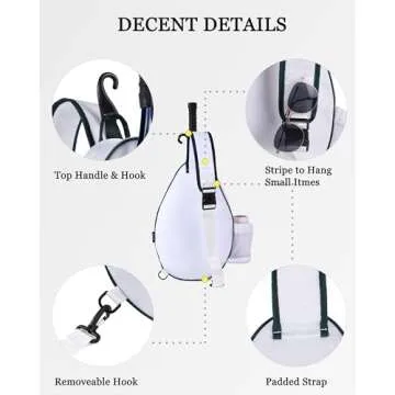 Rejolly Tennis Racket Bag for Women Men One Shoulder Crossbody Sling Bag Water Resistant Racquet Cover for 2 Tennis Rackets, Pickleball Paddles, Badminton Racquet White Blue Green Stripe