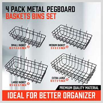 HORUSDY Peg Board Bins and Baskets | 4 Pack | Square Style 4 Size Pegboard Baskets and Pegboard Bins for Organize Workbenches, Accessories