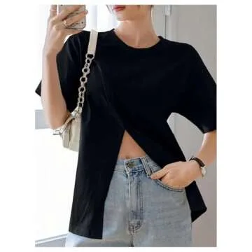 OYOANGLE Women's Short Sleeve Wrap Front Split Hem T-Shirts Round Neck Casual Tee Tops Black X-Large
