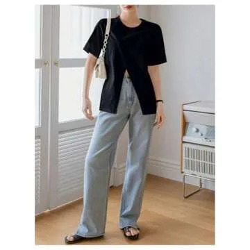 OYOANGLE Women's Short Sleeve Wrap Front Split Hem T-Shirts Round Neck Casual Tee Tops Black X-Large