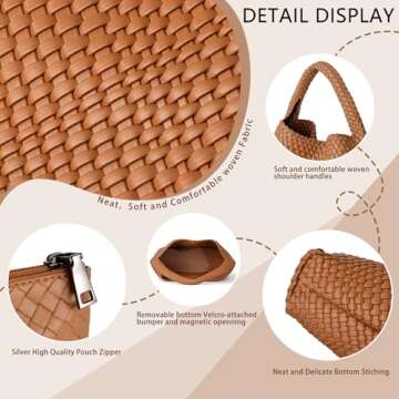 Woven Tote Bag for Women Fashion Woven Bags for Women Shoulder Bag Vegan Leather Handbags Large Work Travel Beach Tote Bags With Purse Brown