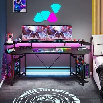 Tribesigns 75 Inch Gaming Desk with Monitor Shelf, Large PC Computer Desk with LED Lights, Gaming Table Gamer Desk for Bedroom, Home Office, Black