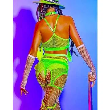 Lucky2Buy Rave Outfits for Women Festival Fishnet Lingerie Set Booty Shorts 3Pcs Babydoll Cutout Nightwear with Choker (Green, S)