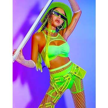 Lucky2Buy Rave Outfits for Women Festival Fishnet Lingerie Set Booty Shorts 3Pcs Babydoll Cutout Nightwear with Choker (Green, S)