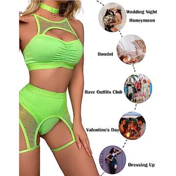 Lucky2Buy Rave Outfits for Women Festival Fishnet Lingerie Set Booty Shorts 3Pcs Babydoll Cutout Nightwear with Choker (Green, S)