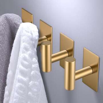 VAEHOLD Wall Towel Hooks, Heavy Duty Sticky Holder Waterproof Towel Hooks for Hanging Coat, Clothes, Closet Hook Wall Mount for Kitchen (Gold, Adhesive 4 Pack)