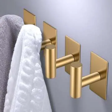 VAEHOLD Wall Towel Hooks, Heavy Duty Sticky Holder Waterproof Towel Hooks for Hanging Coat, Clothes, Closet Hook Wall Mount for Kitchen (Gold, Adhesive 4 Pack)