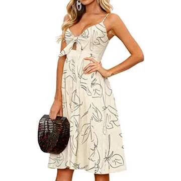 FANCYINN Womens Floral Prints Tie Front Button Down Spaghetti Strap Midi Dress Apricot L