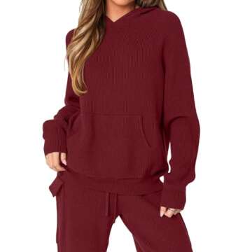 REORIA Women's 2 Two Piece Knit Sweater Sets Hoodies Cargo Pants Matching Lounge Tracksuits Fall Winter Airport Outfits 2024 Trendy(Dark Red Medium)