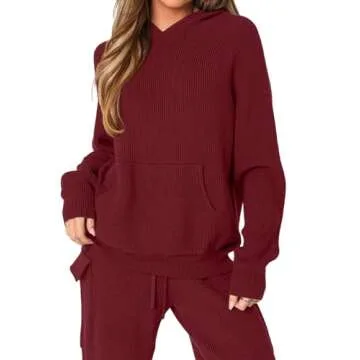 REORIA Women's 2 Two Piece Knit Sweater Sets Hoodies Cargo Pants Matching Lounge Tracksuits Fall Winter Airport Outfits 2024 Trendy(Dark Red Medium)