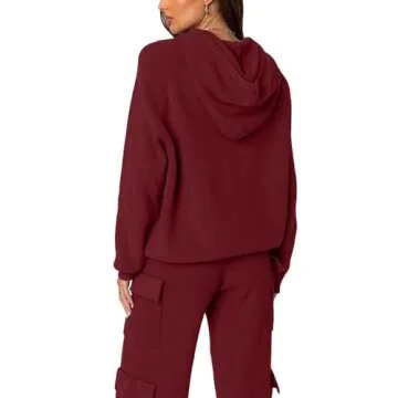 REORIA Women's 2 Two Piece Knit Sweater Sets Hoodies Cargo Pants Matching Lounge Tracksuits Fall Winter Airport Outfits 2024 Trendy(Dark Red Medium)
