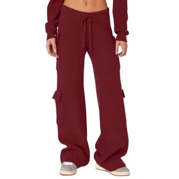 REORIA Women's 2 Two Piece Knit Sweater Sets Hoodies Cargo Pants Matching Lounge Tracksuits Fall Winter Airport Outfits 2024 Trendy(Dark Red Medium)