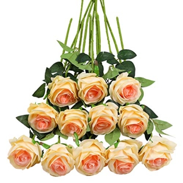 Tifuly Champagne Roses Artificial Flowers - 12 pcs Realistic Single Long Stem Fake Silk Roses Bouque...
