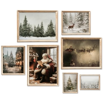 JarThenaAMCS 9Pcs Christmas Wall Art Prints Vintage Santa Xmas Tree Reindeer Art Poster Rustic Winte...