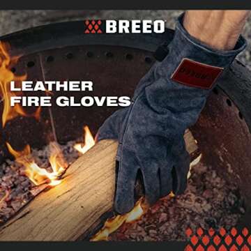 Breeo Fire Pit Gloves - Leather, Heat-Resistant Fire Gloves for Outdoor Cooking & Grilling - Air-Iso...