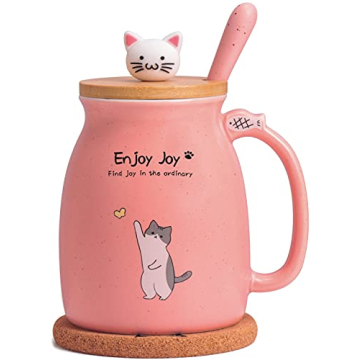 Feify Cute Cat Cup Ceramic Coffee Mug with Kawaii Cat Wooden Lid, Lovely Stainless Steel Spoon, Anim...