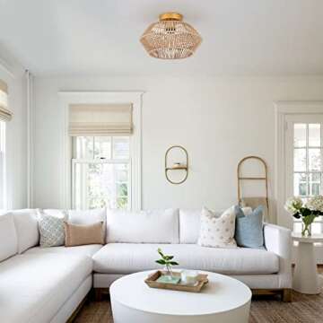 VILUXY Rattan Ceiling Light Fixture Boho Ceiling Flush Mount Ceiling Lamp Hand-Made Woven Mini Chandelier Gold Brass Brush Paint Finish for Entryway Hallway Kitchen Bedroom