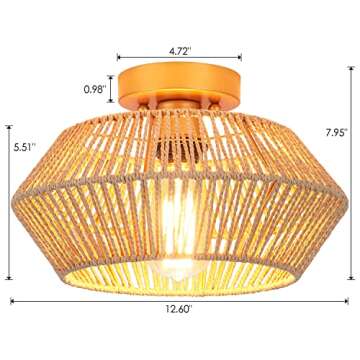 VILUXY Rattan Ceiling Light Fixture Boho Ceiling Flush Mount Ceiling Lamp Hand-Made Woven Mini Chandelier Gold Brass Brush Paint Finish for Entryway Hallway Kitchen Bedroom